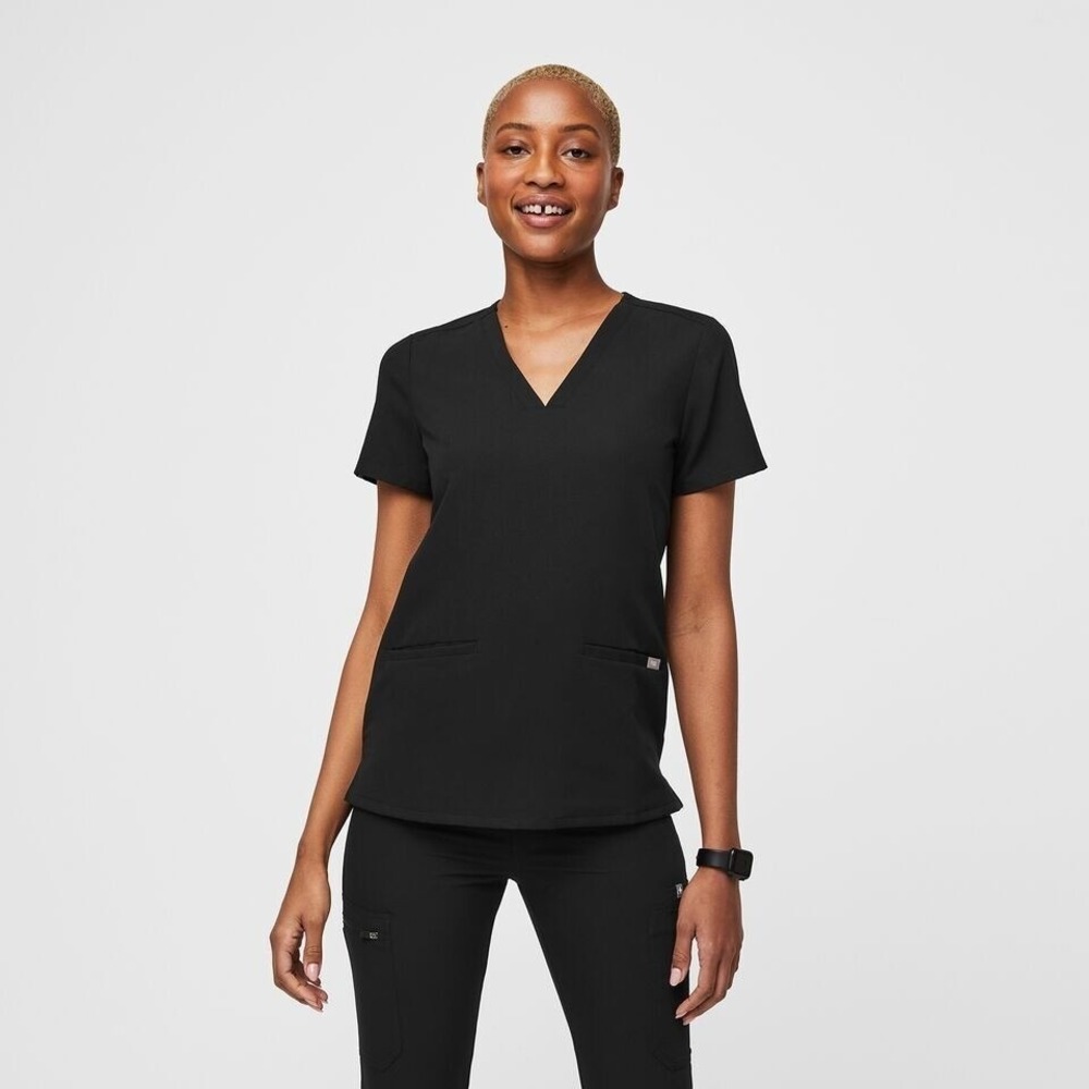 Figs Casma Three-Pocket Scrub Top V-Neck T-Shirt Short Sleeve Slit Hem Black‎ L